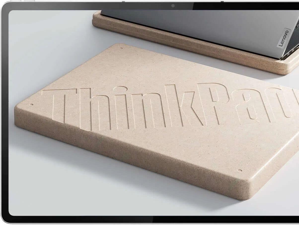 ThinkPad recycled packaging with a Lenovo laptop