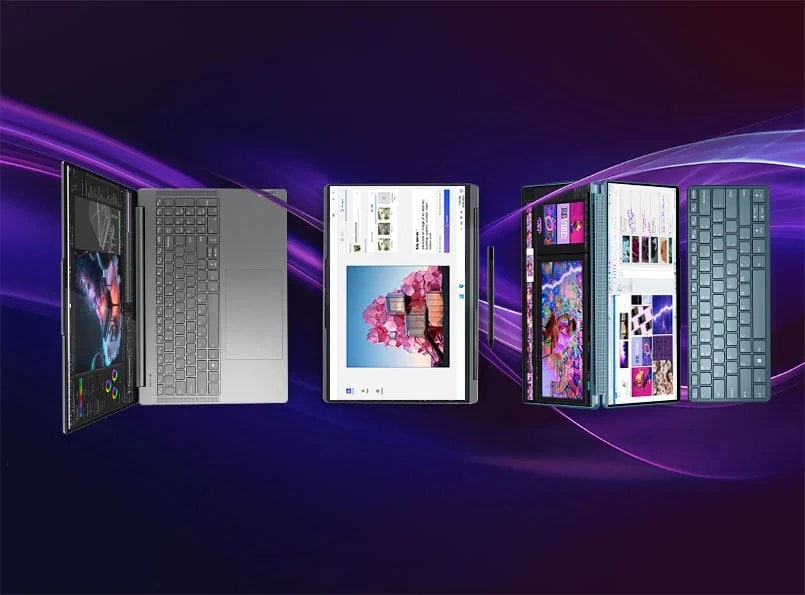 The Lenovo Yoga Pro, the Lenovo Yoga 2-in-1 with stylus, and the Lenovo Yoga Book with wireless keyboard arranged right to left