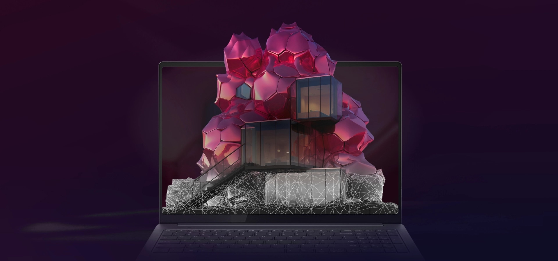 Lenovo Yoga laptop, open, with a grey and red polyhedron design emerging from the display