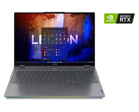 Bird’s eye view of Lenovo Legion 5i Pro Gen 7 (16" Intel) gaming laptop, opened, showing keyboard + display