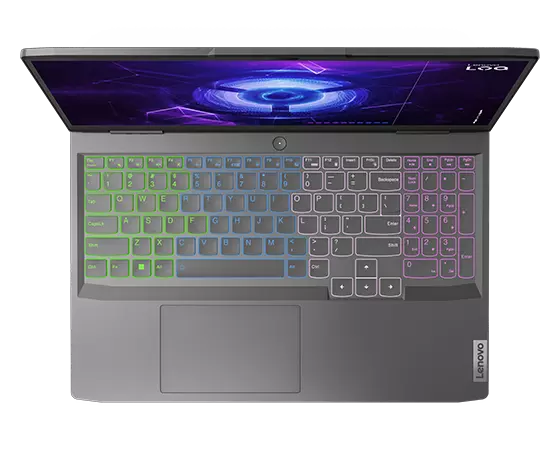 Birdseye view of Lenovo LOQ 15IRH8 with RGB keyboard turned on
