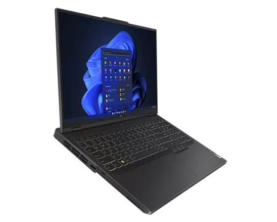 Legion Pro 5i Gen 8 (16” Intel) floating facing right with RGB backlit keyboard on and Windows 11 on the screen