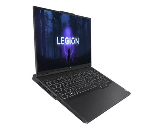 Legion Pro 5i Gen 8 (16” Intel) floating facing right, white keyboard backlight turned on