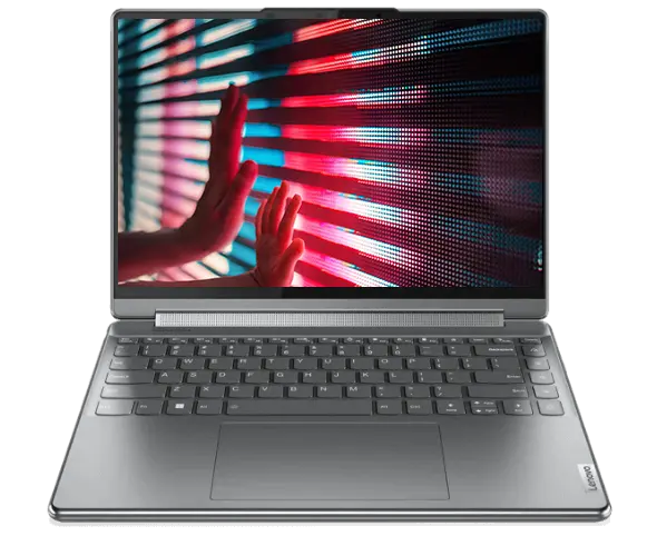Lenovo laptop open with display showing blue flowery graphic