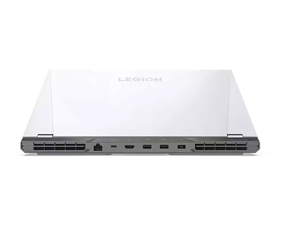 Rear view of Lenovo Legion 5i Pro Gen 7 (16" Intel) gaming laptop, Glacier White model, closed, showing ports