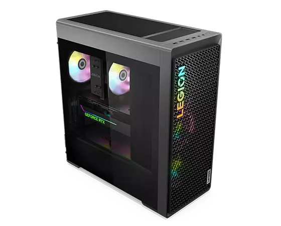 Legion Tower 7i Gen 8 (Intel) Front Forward Facing Right with view of glass panel and internals